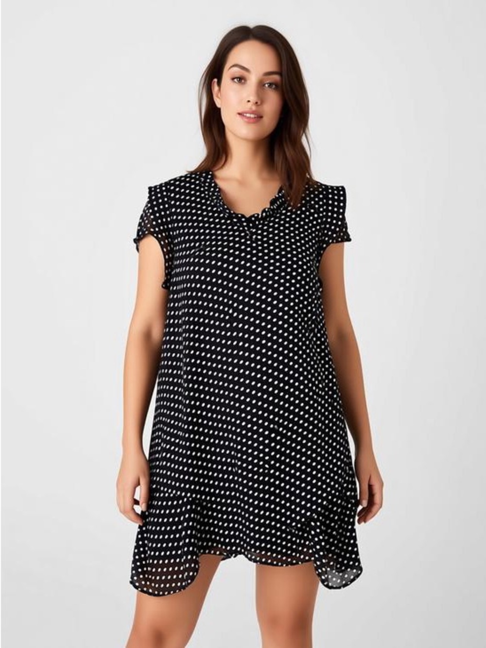 Red Coral Black & White Polka Dot Chiffon High-Low Tunic/Dress